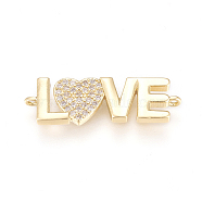 Brass Micro Pave Cubic Zirconia Links, Long-Lasting Plated, Lead Free & Cadmium Free & Nickel Free, Word Love, Clear, Real 18K Gold Plated, 9x27x2mm, Hole: 1.2mm(ZIRC-L078-030G-NR)