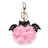 Halloween Alloy Keychain, with PU Imitation Leather and Plush Pompom, Bat, Pink, 15.35cm(KEYC-M023-03A)