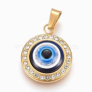 Resin Pendants, with 304 Stainless Steel Rhinestone Findings, Flat Round with Evi Eye, Dodger Blue, Golden, 22x18x6mm, Hole: 4x7mm(STAS-F165-01G)