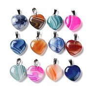 Natural Agate Dyed Pendants, Heart Charms with Platinum Plated Brass Snap on Bails, Mixed Color, 22~23x20x6mm, Hole: 6.5x4mm(G-P511-02A-P)