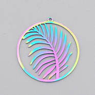 Ion Plating(IP) 201 Stainless Steel Pendants, Laser Cut, Ring with Leaf, Rainbow Color, 32x30x1mm, Hole: 1.4mm(STAS-S105-LA551)