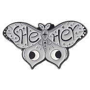 Butterfly with Word She Her Enamel Pin, Electrophoresis Black Plated Alloy Badge for Corsages Scarf Clothes, Dark Gray, 17x30mm(BUER-PW0001-108D)