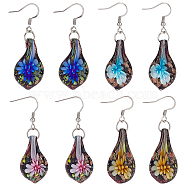 4 Pairs 4 Colors Bling Flower Inner Glass Teardrop Dangle Earrings, Iron Jewelry for Women, Mixed Color, 56~57mm, Pin: 0.7mm, 1 pair/color(EJEW-FI0001-06)
