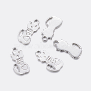 304 Stainless Steel Kitten Charms, Cat with Heart & Bowknot Shape, Stainless Steel Color, 12x6x0.8mm, Hole: 1.2mm(STAS-F159-50P)