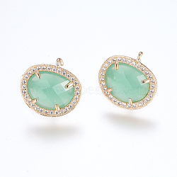 Brass Micro Pave Cubic Zirconia Stud Earring Findings, with Loop, Glass, Imitation Jade, Oval, Golden, Medium Aquamarine, 16.5mm, Hole: 1mm, Pin: 0.8mm(X-ZIRC-G116-27-D03)