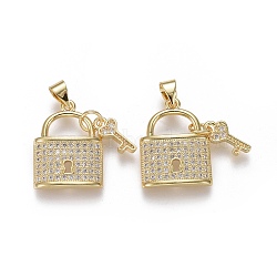 Brass Micro Pave Cubic Zirconia Pendants, Lock with Heart Key, Clear, Real 18K Gold Plated, Lock: 19.5x15x3mm, Key: 11x5x1.5mm, Hole: 3x5mm(ZIRC-F115-19G)