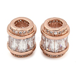 Rack Plating Brass Micro Pave Cubic Zirconia European Beads, Long-Lasting Plated, Lead Free & Cadmium Free, Column, Rose Gold, Clear, 11.5x10mm, Hole: 4.5mm(KK-F089-31RG-08)