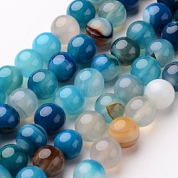 Natural Striped Agate/Banded Agate Beads Strands, Round, Dyed & Heated, Deep Sky Blue, 6mm, Hole: 1mm, about 64pcs/strand, 14.5 inch(G-D845-01E-6mm)