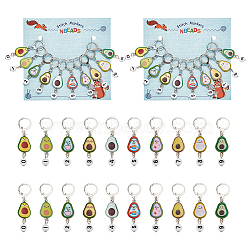 Alloy Enamel & Acrylic Pendant Locking Stitch Markers, Brass Leverback Earring Stitch Marker, Avocado with Number, Mixed Color, 4.9cm, 10 style, 1pc/style, 10pcs/set(HJEW-AB00114)