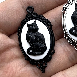 Alloy Enamel Pendants, Oval with Cat Charm, Black, 43x23mm(PW-WG3399A-02)