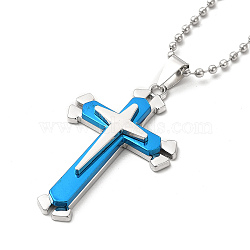 Alloy Cross Pandant Necklace with Ball Chains, Gothic Jewelry for Men Women, Blue, 24.41 inch(62cm)(NJEW-K245-001A)