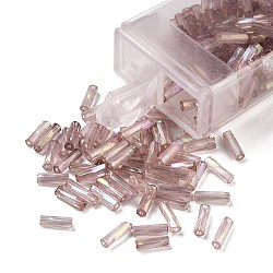 10G Ceylon Glass Twist Bugle Beads, Transparent Colours Rainbow, Rosy Brown, 6.5x2mm, Hole: 0.8mm(X-SEED-L012-01G)