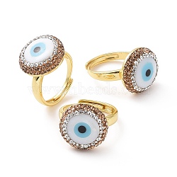 Adjustable Natural Shell Evil Eye Ring with Rhinestone, Golden Brass Wide Ring for Women, White, Inner Diameter: 17.5~22mm(RJEW-A011-12G)