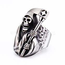 Titanium Steel Rings for Men, Halloween Skull Death with Sickle Wide Band Ring, Antique Silver, US Size 10(19.8mm)(WG77901-02)