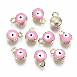 Light Gold Plated Alloy Charms, with Enamel, Flat Round with Evil Eye, Pink, 10x7x4.5mm, Hole: 1.5mm(ENAM-S117-27D)