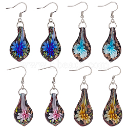 4 Pairs 4 Colors Bling Flower Inner Glass Teardrop Dangle Earrings, Iron Jewelry for Women, Mixed Color, 56~57mm, Pin: 0.7mm, 1 pair/color(EJEW-FI0001-06)