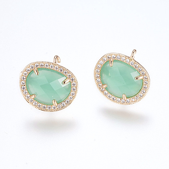 Brass Micro Pave Cubic Zirconia Stud Earring Findings, with Loop, Glass, Imitation Jade, Oval, Golden, Medium Aquamarine, 16.5mm, Hole: 1mm, Pin: 0.8mm