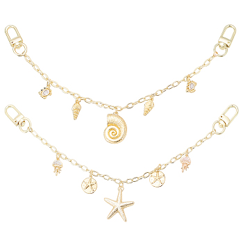 2Pcs 2 Styles Ocean Brass Bag Decorative Chains, with Alloy Swivel Clasps, Golden, Starfish, 270~273mm, 1pc/style