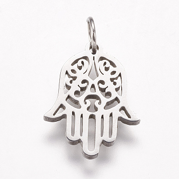 316 Surgical Stainless Steel Pendants, Hamsa Hand/Hand of Fatima/Hand of Miriam, Stainless Steel Color, 16.5x12.5x1.5mm, Hole: 3.5mm