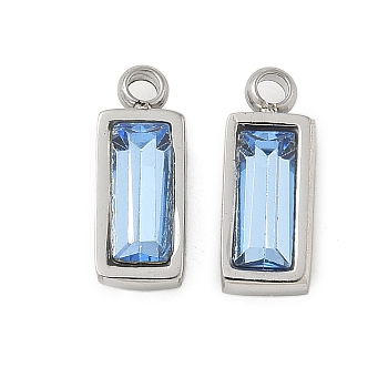 304 Stainless Steel Charm, with Glass, Rectangle, Light Steel Blue, 11x4.5x3.5mm, Hole: 1.4mm