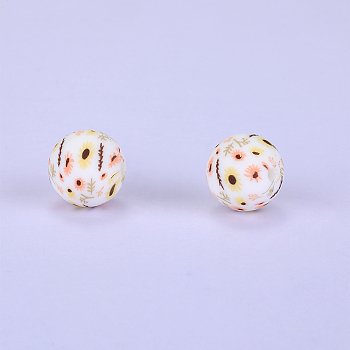 Printed Round with Sunflower Pattern Silicone Focal Beads, White, 15x15mm, Hole: 2mm