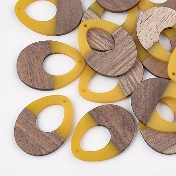 Resin & Wood Pendants, Teardrop, Gold, 37.5x28x3~3.5mm, Hole: 1.5mm