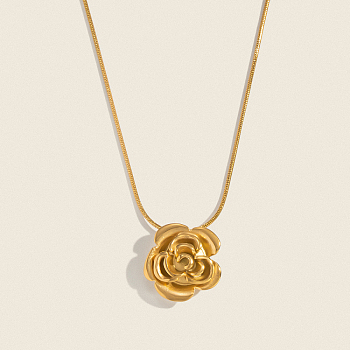 Minimalist 304 Stainless Steel Rose Flower Pendant Round Snake Chain Necklaces for Women, Real 18K Gold Plated, 15.94 inch(40.5cm)