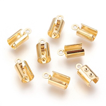 304 Stainless Steel Folding Crimp Ends, Fold Over Crimp Cord Ends, Real 18k Gold Plated, 10.5x5.5x4.5mm, Hole: 1.2mm, Inner Diameter: 4~4.5mm
