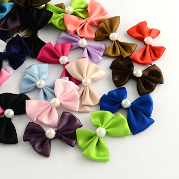 Handmade Woven Costume Accessories, Ribbon Bowknot with ABS Plastic Beads, Mixed Color, 43x58x13mm, about 200pcs/bag