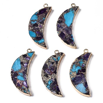 Assembled Natural Bronzite & Synthetic Turquoise & Amethyst Pendants, with Light Gold Iron Loop and Brass Edge, Moon, 49~50x21~22x6mm, Hole: 2mm