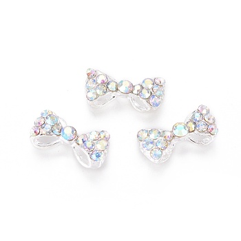 Alloy Bowknot Cabochons, For Nail Art Decorations, with Rhinestone, Platinum, Crystal AB, 6x12.5x3mm