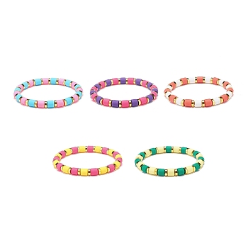 5Pcs 5 Colors Column Polymer Clay Stretch Beaded Bracelets, with Golden Plated Brass Beads, Mixed Color, Inner Diameter: 2 inch(5.2cm), 1pc/color