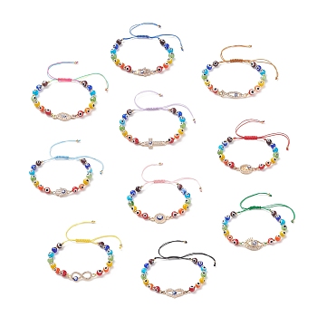 10Pcs 10 Style Lampwork Evil Eye Braided Bead Bracelets Set, Cross & Infinite & Hamsa Hand Crystal Rhinestone Link Bracelets for Women, Mixed Color, Inner Diameter: 1-7/8~3-3/4 inch(4.7~9.5cm), 1Pc/style