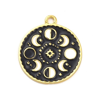 Alloy Enamel Pendants, Flat Round with Moon Phase Charm, Golden, 23x20x1mm, Hole: 2mm