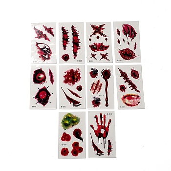 10Pcs 10 Style Halloween Horror Realistic Bloody Wound Scar Removable Temporary Water Proof Tattoos Paper Stickers, Rectangle, FireBrick, 10.5x6x0.03cm, 10 style, 1pc/style, 10pcs/set