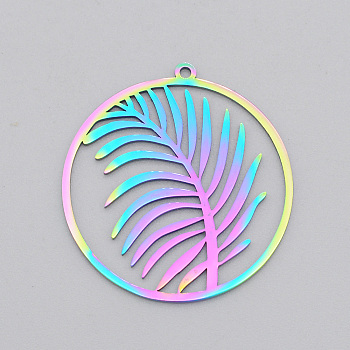 Ion Plating(IP) 201 Stainless Steel Pendants, Laser Cut, Ring with Leaf, Rainbow Color, 32x30x1mm, Hole: 1.4mm