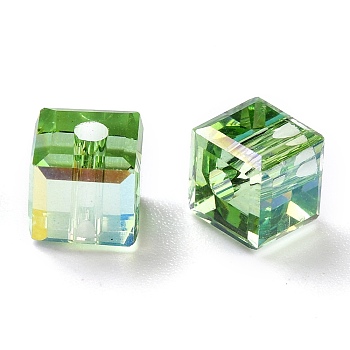 Electroplate Transparent Glass Beads, Faceted Cube, Rainbow Plated, Light Green, 6x6x6mm, Hole: 1.8mm