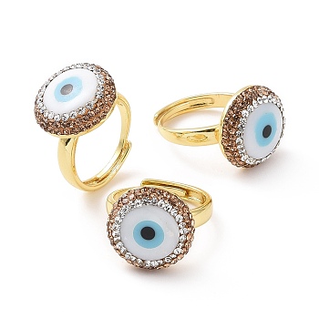 Adjustable Natural Shell Evil Eye Ring with Rhinestone, Golden Brass Wide Ring for Women, White, Inner Diameter: 17.5~22mm