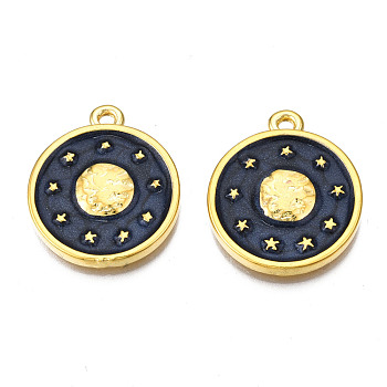 Alloy Pendants, with Enamel, Cadmium Free & Lead Free, Light Gold, Flat Round, Prussian Blue, 23.5x20x3mm, Hole: 1.8mm