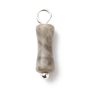 Natural Fossil Pendants, with Silver Tone Brass Findings, Bamboo-Shaped Charm, 17.5x5mm, Hole: 2.5~2.7mm