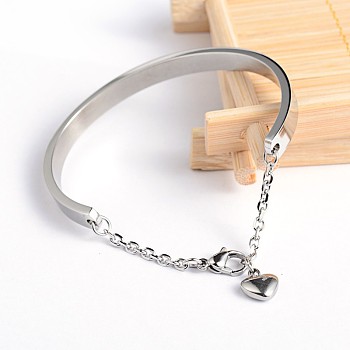 304 Stainless Steel Bracelets, with Heart Charms and Extender Chain, Stainless Steel Color, 1-5/8 inchx2-1/4 inch(42x58mm)