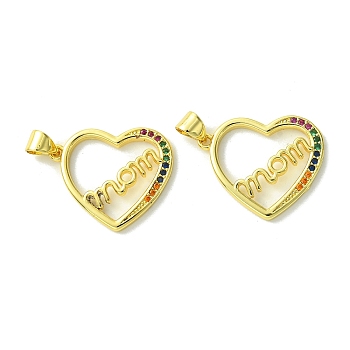 Mother's Day Brass Micro Pave Cubic Zirconia Pendants, Heart with Word Mom, Real 18K Gold Plated, 22x19.5x2.5mm, Hole: 5mm
