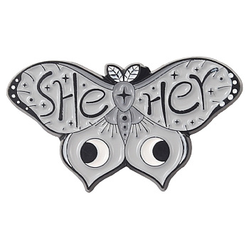 Butterfly with Word She Her Enamel Pin, Electrophoresis Black Plated Alloy Badge for Corsages Scarf Clothes, Dark Gray, 17x30mm