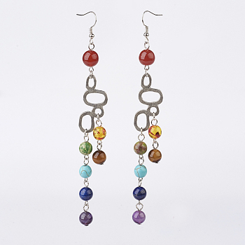 Natural & Synthetic Mixed Stone Dangle Earrings, Chakras Style, with Brass Finding, 125mm, 110x16x8mm, Pin: 0.5mm