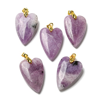 Natural Lepidolite Pendants, with Rack Plating Golden Plated Brass Findings, Long-Lasting Plated, Heart, 32~34x20x8mm, Hole: 4x4mm