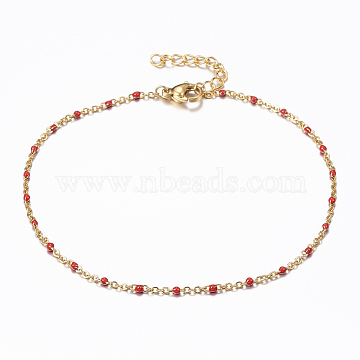 304 Stainless Steel Cable Chain Anklets, with Enamel Links, Golden, Red, 9 inches(230mm); 1.5~2mm(X-AJEW-H010-01C)