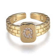 Brass Micro Pave Clear Cubic Zirconia Cuff Rings, Open Rings, Cadmium Free & Lead Free, Rectangle, Golden, Letter.Q, US Size 6 1/4, Inner Diameter: 16.8mm(RJEW-H538-02G-Q)