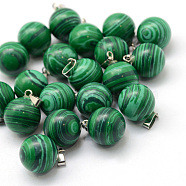 Round Dyed Synthetic Malachite Pendants, with Platinum Tone Brass Findings, 17~19x13~14mm, Hole: 2x7mm(G-Q434-09)