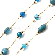Ion Plating(IP) Real 18K Gold Plated 316 Surgical Stainless Steel Link Chains, with Natural Apatite & Natural Agate Beads, Soldered, with Spool, 12~17x4~6x4~6mm, Bead: 4~8.5x4~6x4~6mm(CHS-G033-03C)