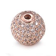 CZ Jewelry Brass Micro Pave Cubic Zirconia Round Beads, Clear, Rose Gold, 12mm, Hole: 2mm(ZIRC-M024-06RG)